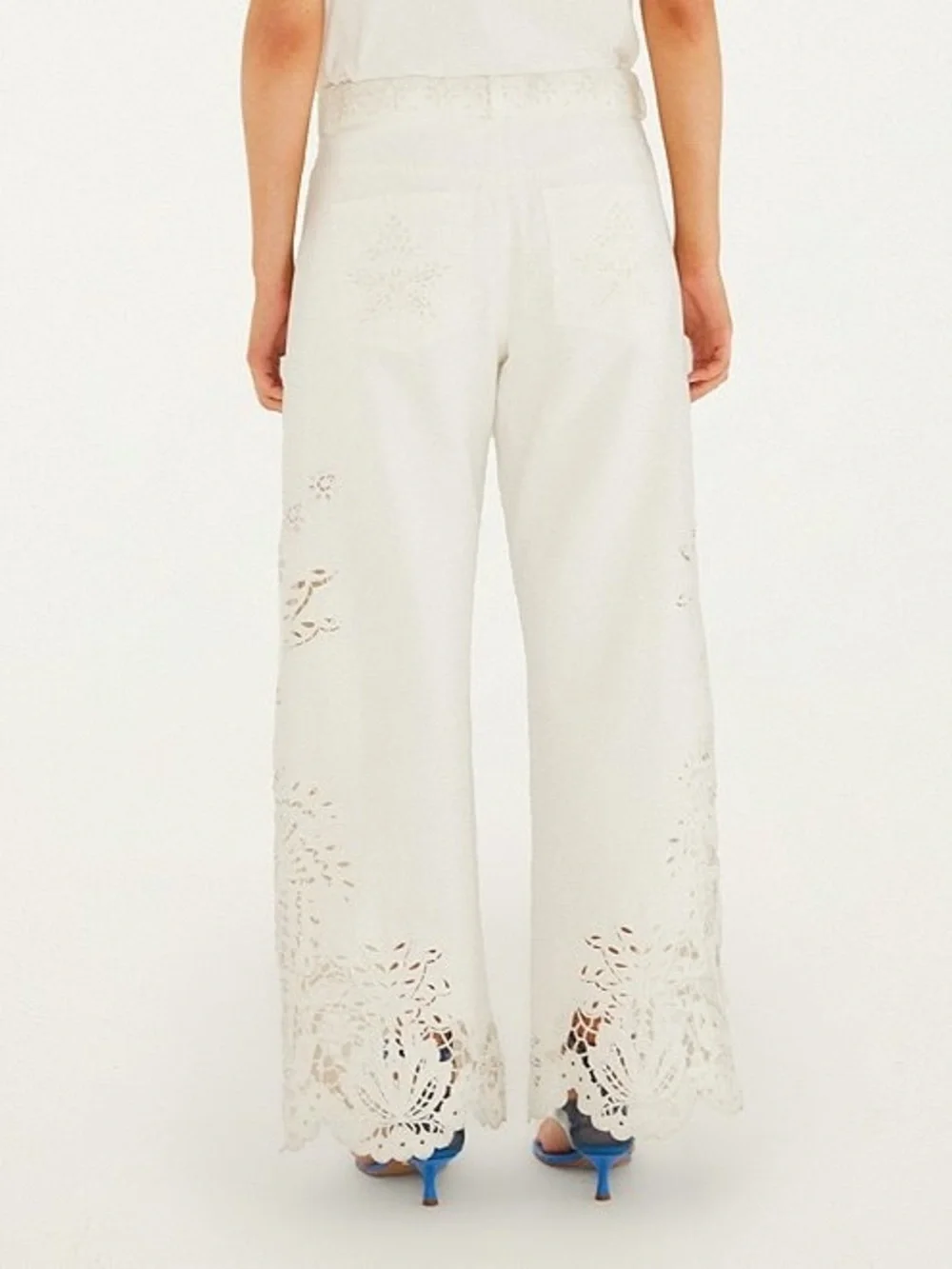 Farm Rio High Rise Embroidered Eyelet off-white Denim Wide Leg Pants - size 26 - Picture 2 of 13